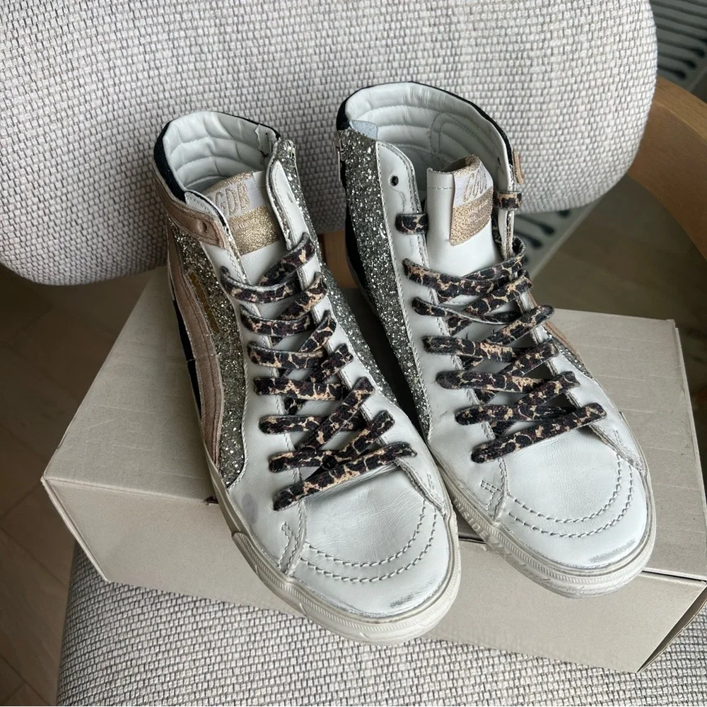 Golden Goose Slide Mid Top Mids Slides Glitter Leather Sneakers NIB